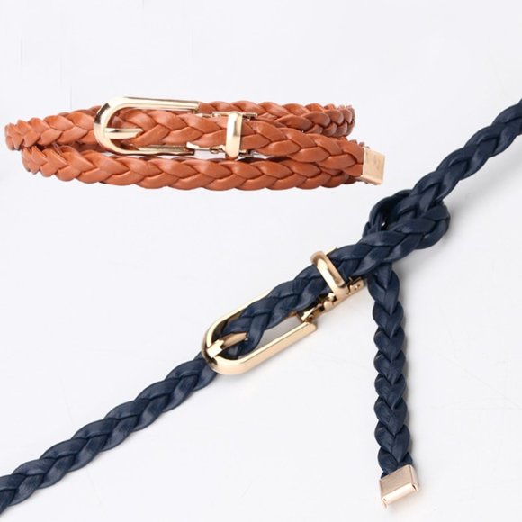 Vegan Leather Camel Thin Braided Belt - Picture 2 of 9